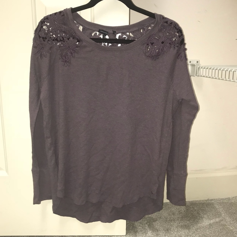 american eagle purple crocheted shoulder sweater